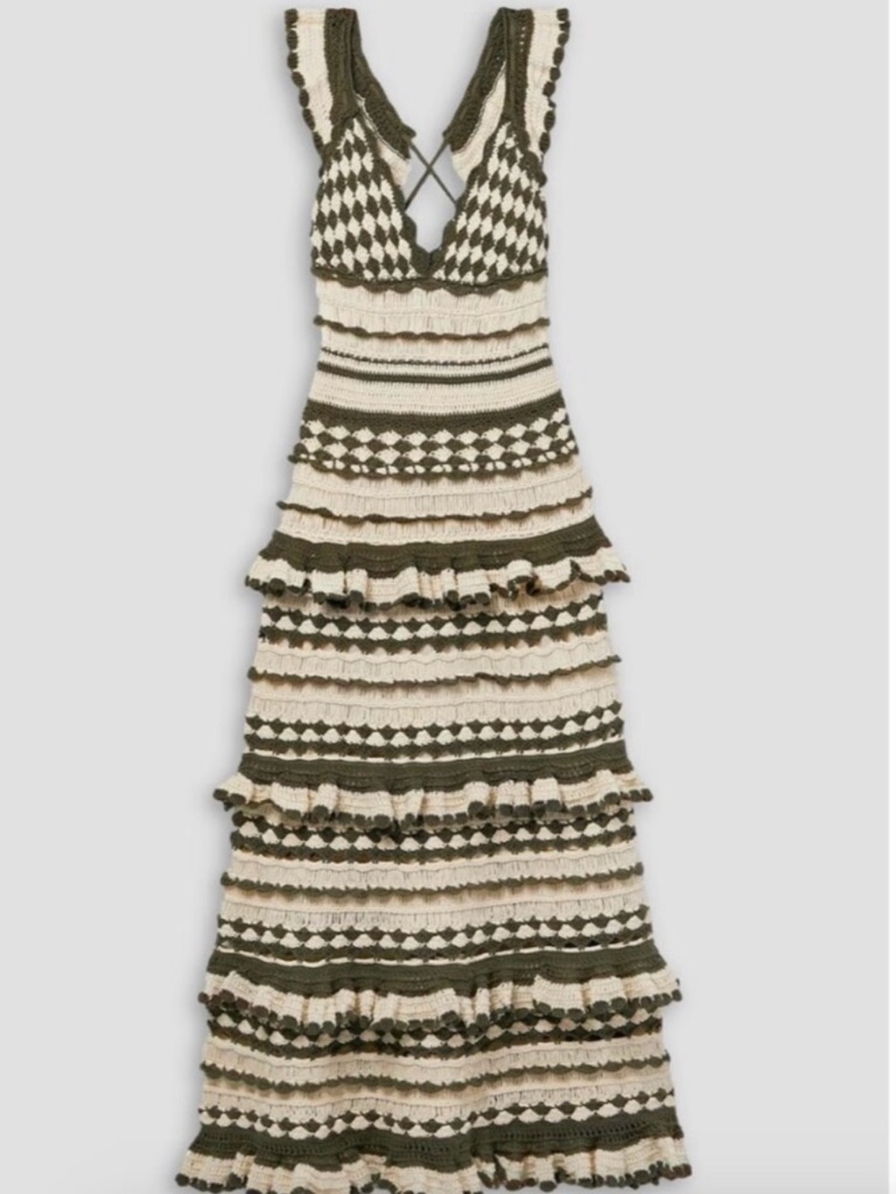 Zimmermann Olive and Cream Tiered Knit Midi Dress